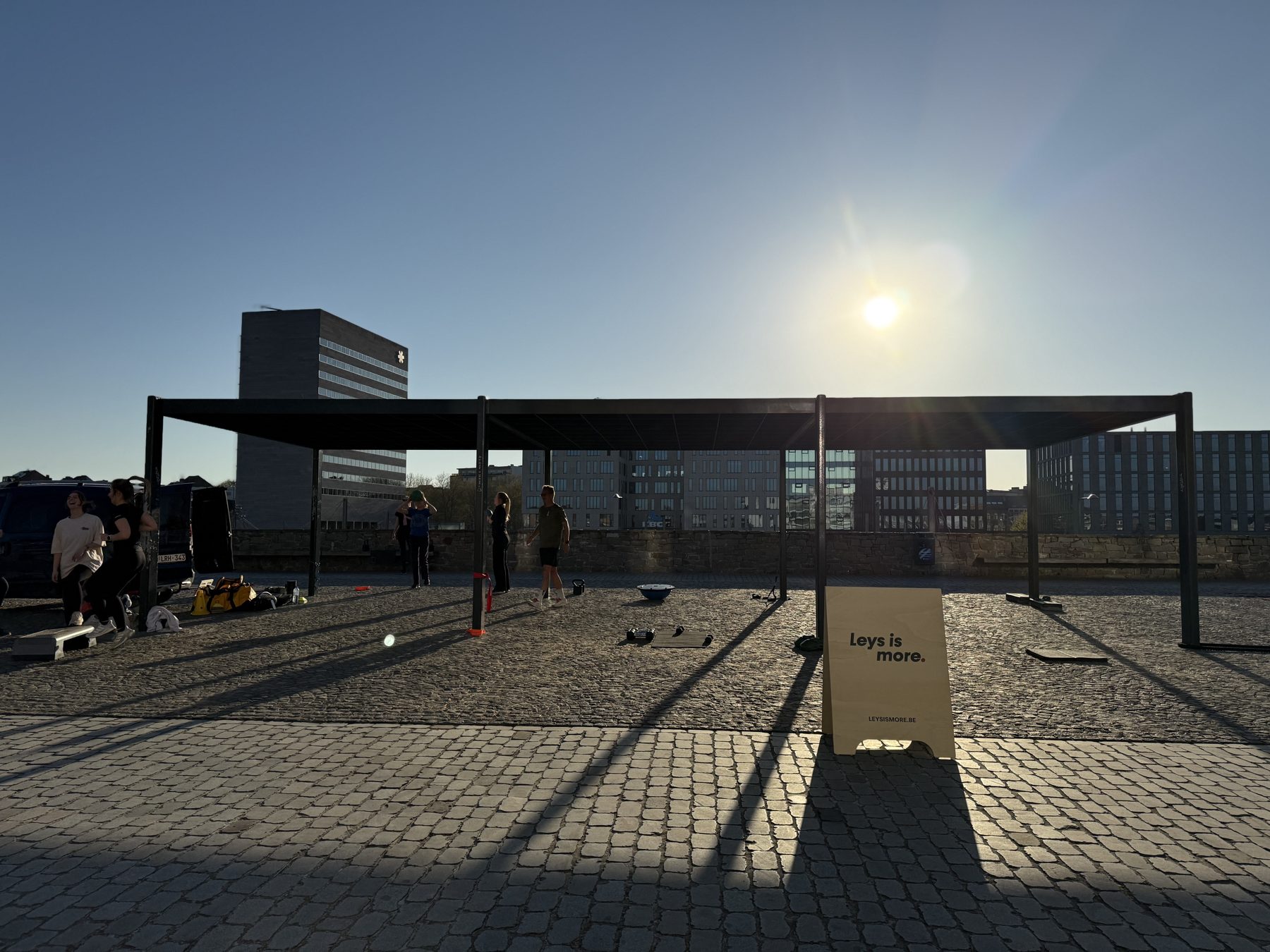 Leys is More training equipment set up outdoors at a company